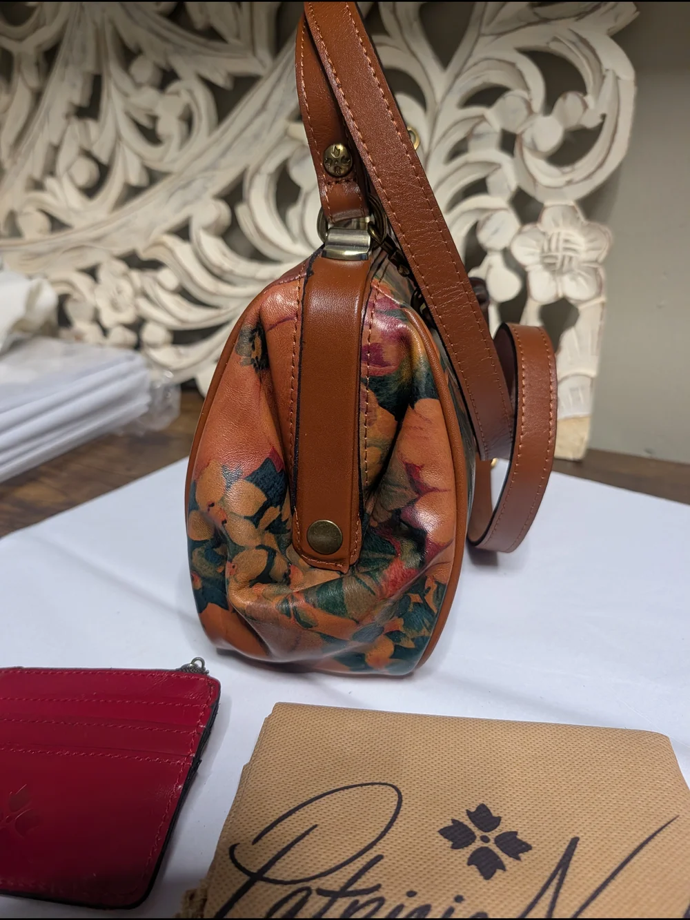 Patricia Nash Floral Leather Frame Satchel  Multicolor &Red leather Card Wallet